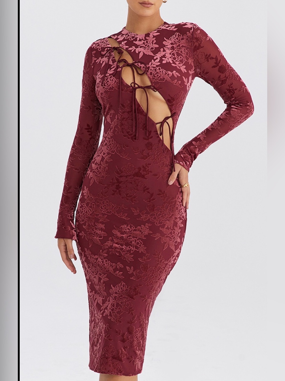 Mistress Rocks Devore Dress Deep Plunge Tie Fromt Burgundy Small